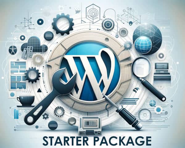 image of wordpress logo surrounded by depition of tools with text 'starter package'