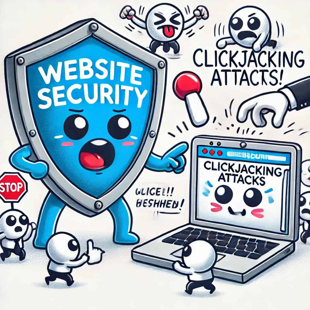 humorous pictogram of stopping clickjacking attacks along with website security shield