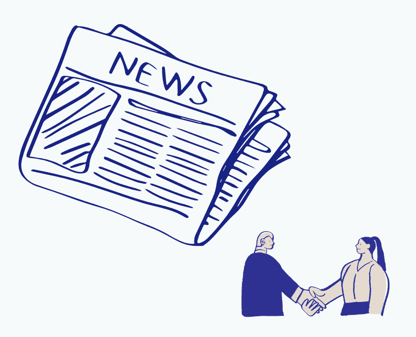 Stylized drawing of a newspaper labeled 'News' alongside a business handshake, representing market updates and professional agreements in iGaming.