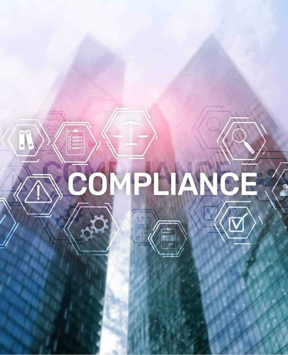 Glass skyscrapers seen from below with the word “COMPLIANCE” and hexagon icons for legal scales, documents, alerts, search and checkmarks overlaid on the image.