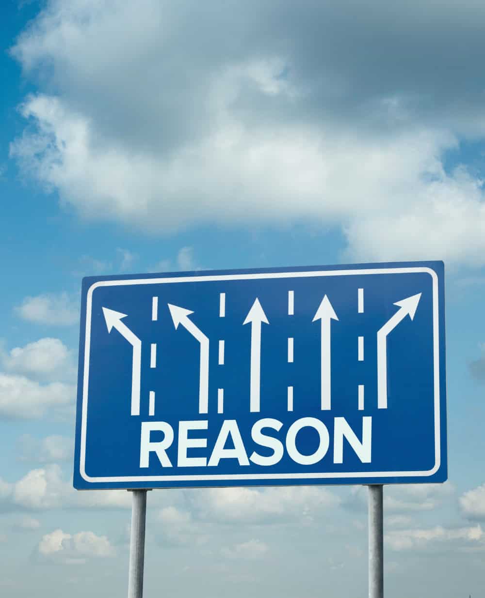 Blue road sign with multiple white arrows and the word "REASON" symbolising different paths leading to a single idea of what is reasonable.