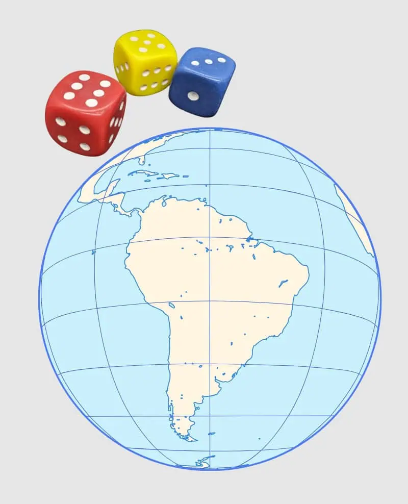 Globe focused on South America with three coloured dice above it representing different online gambling regulatory models in Brazil, Colombia and Mexico.