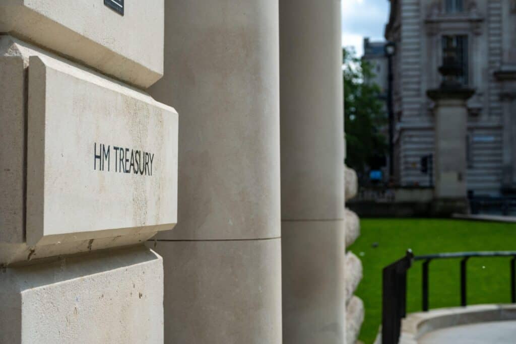Stone HM Treasury sign outside the ministry in London.
