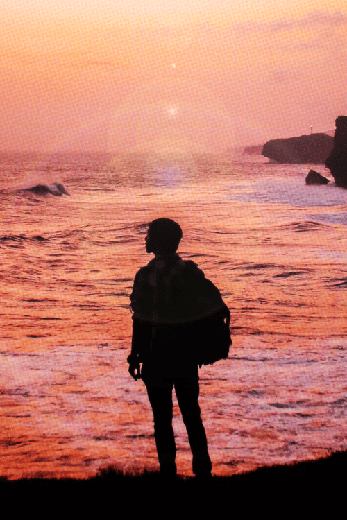Image of someone's silhouette on the beach staring at the setting sun