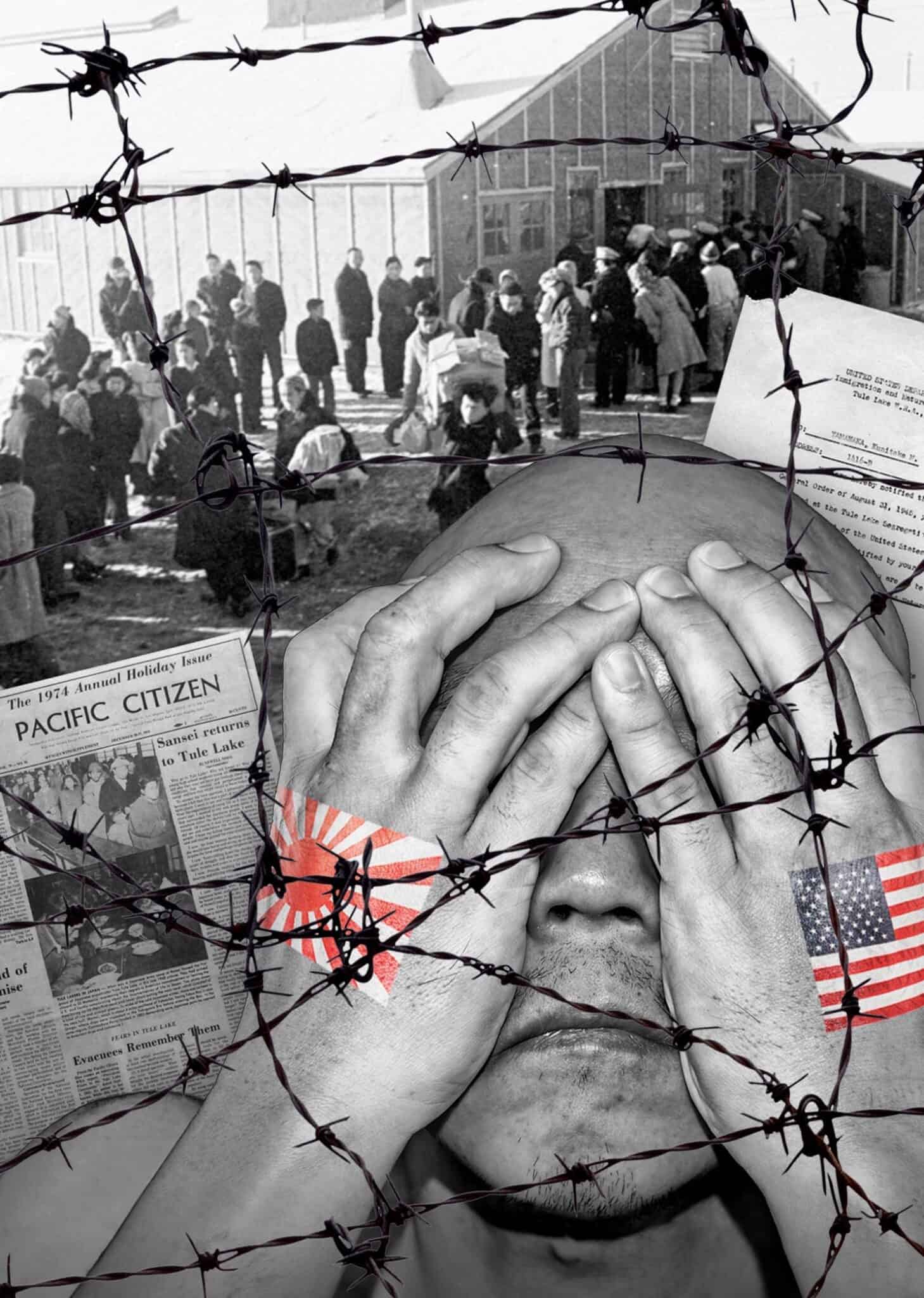 A black and white collage featuring a man with his hands over his eyes, a newspaper clippings and documents, and Japanese people lined up at an American concentration camp.
