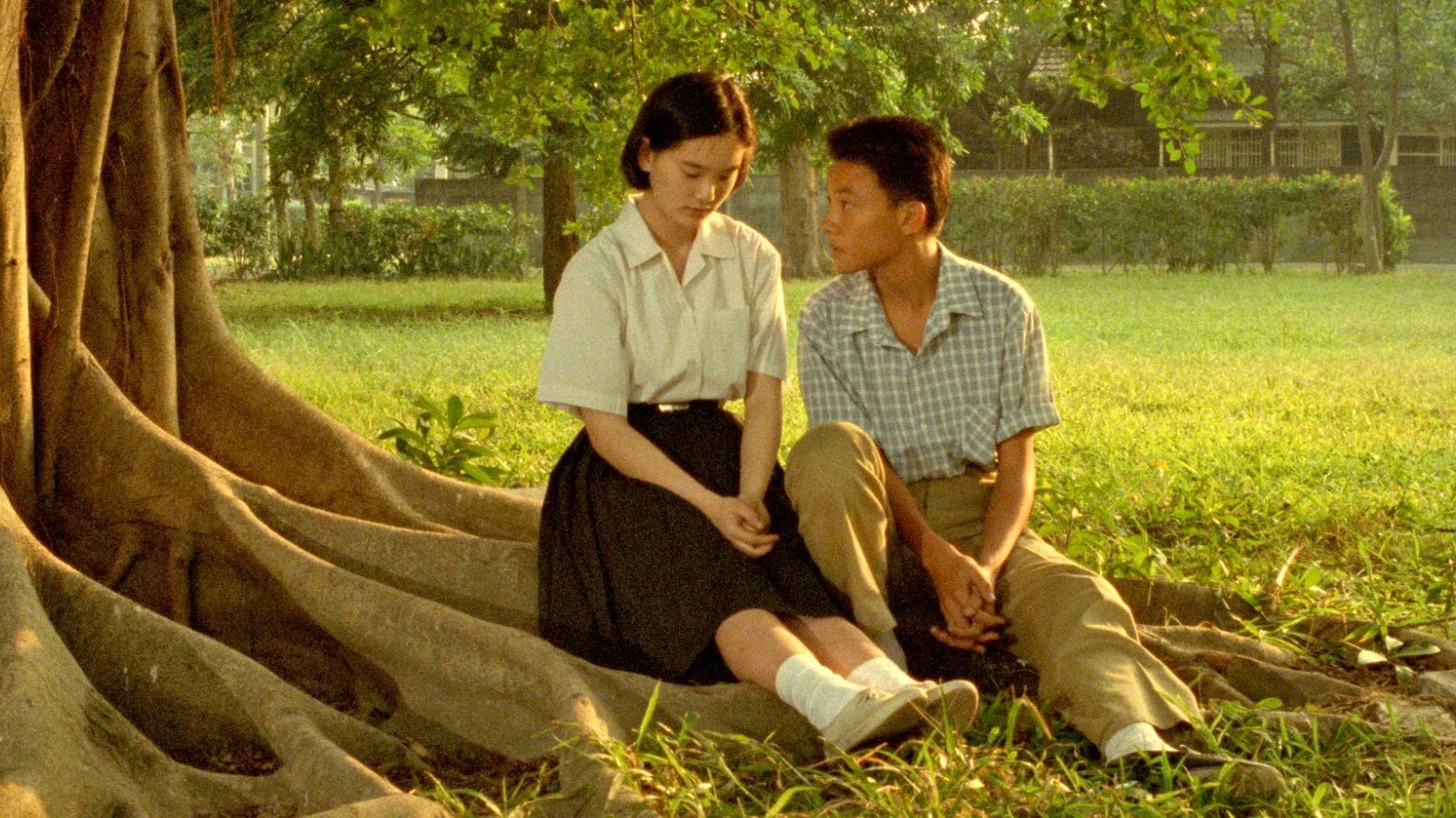 A teenage Asian girl in a white top and long dark skirt, and Asian boy in a blue shirt and khaki pants, sit at the roots of a tree together, with greenery in the background.