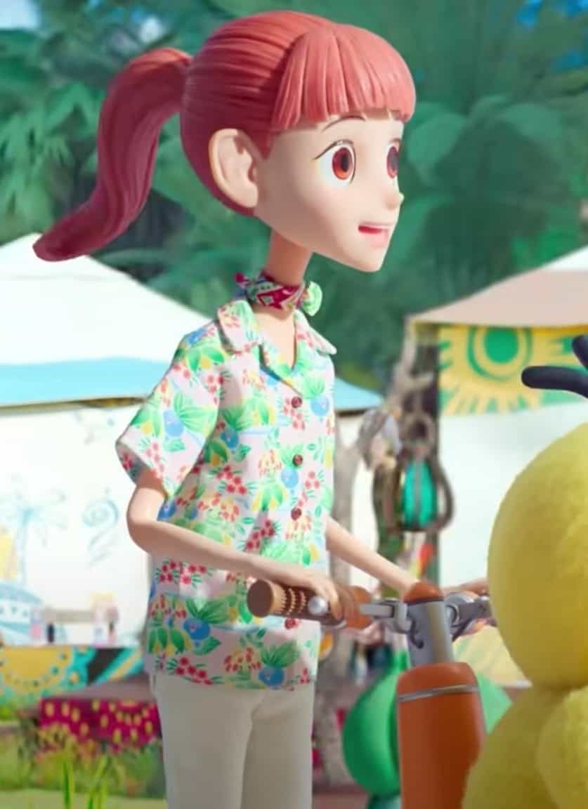 An animated woman with red hair stands behind a Psyduck Pokemon in foreground with tents in background.