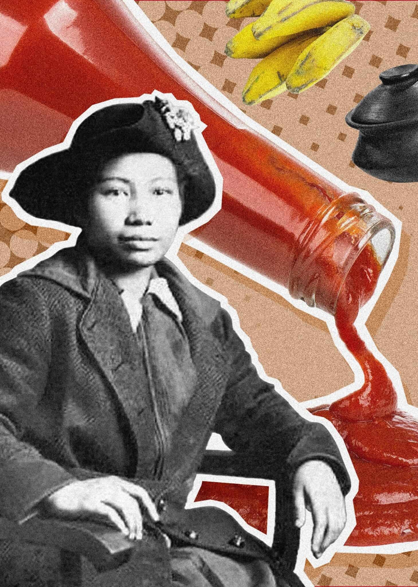 A collage with food technologist Maria Orosa in black and white, a bottle of ketchup, bananas and black pots in the background.