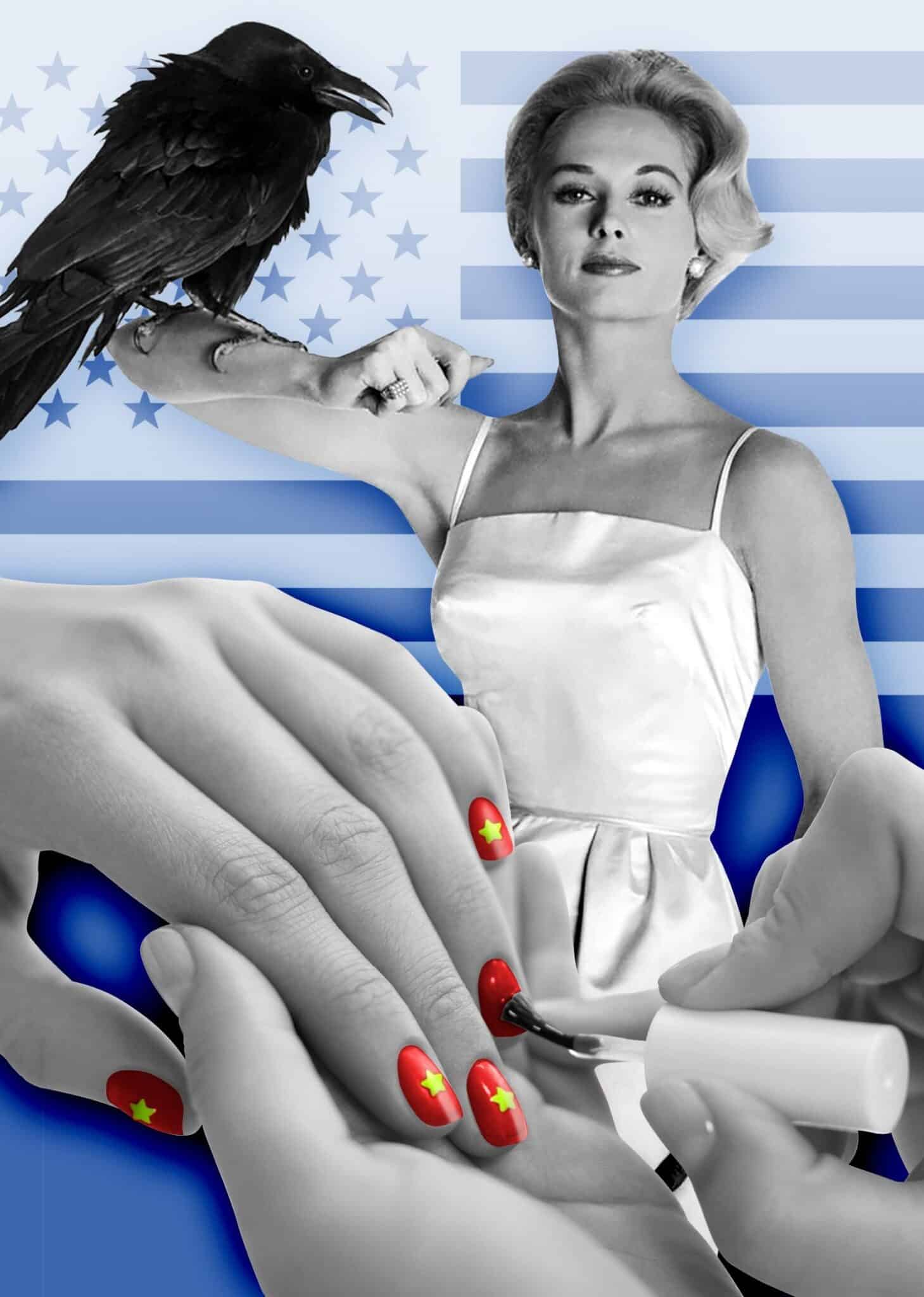 A collage of black and white portrait of actress Tippi Hedren, with a black crow on her arm, and a hand painting nails in the Vietnamese flag.