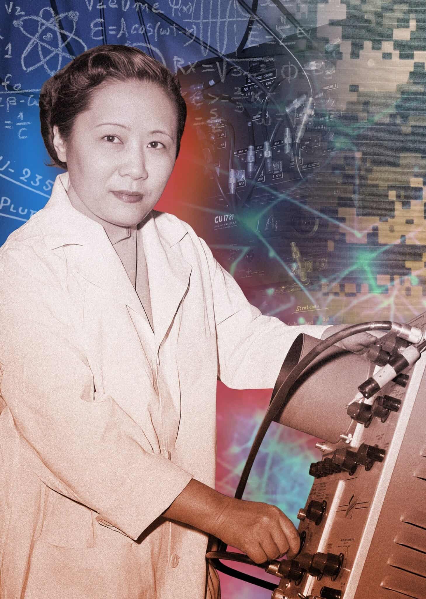 A collage with physicist Chien-Shiung Wu at a machine, against a backdrop of written equations and other machinery.