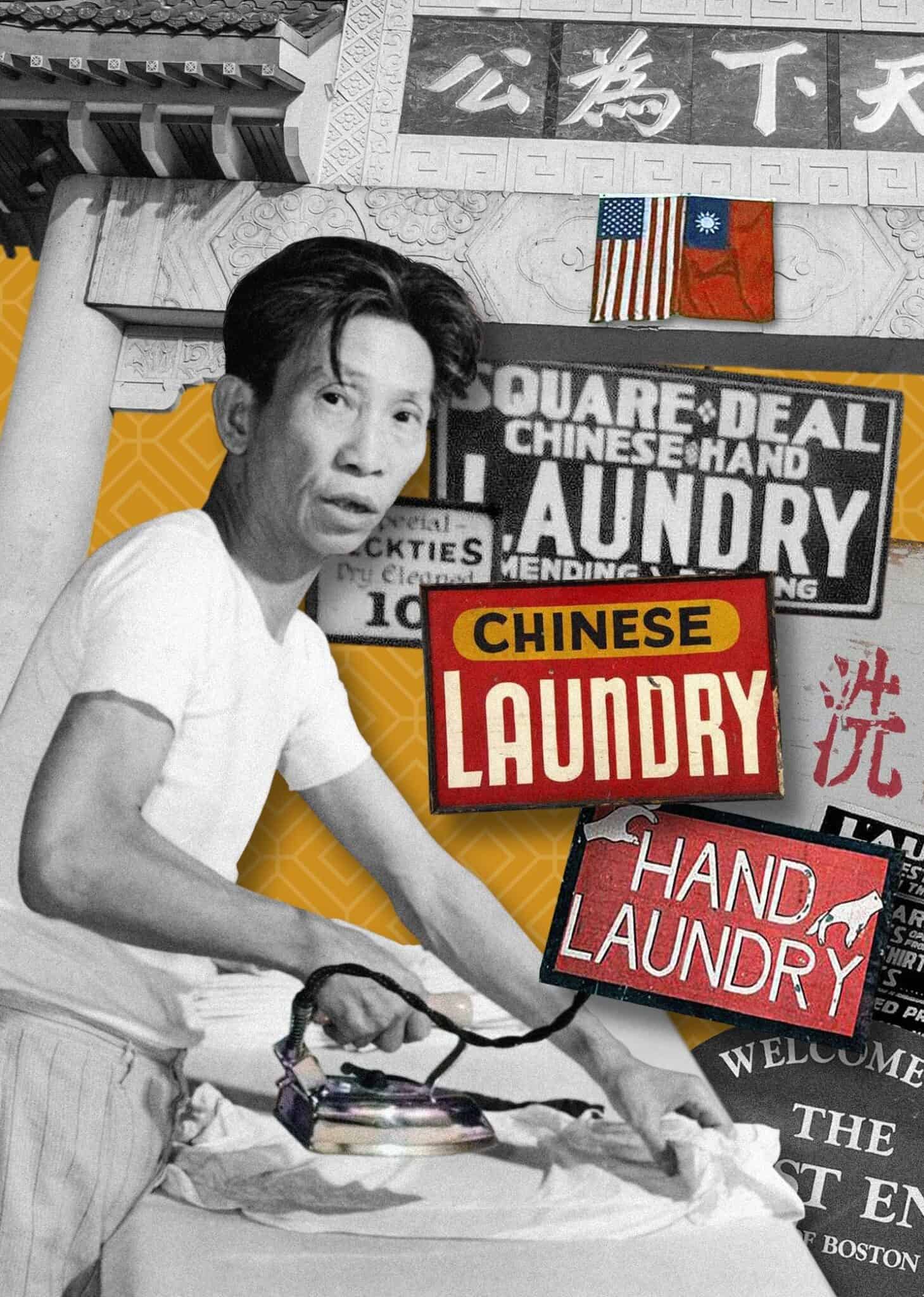 A collage of a Chinese man ironing clothes, and signs related to Chinese laundries