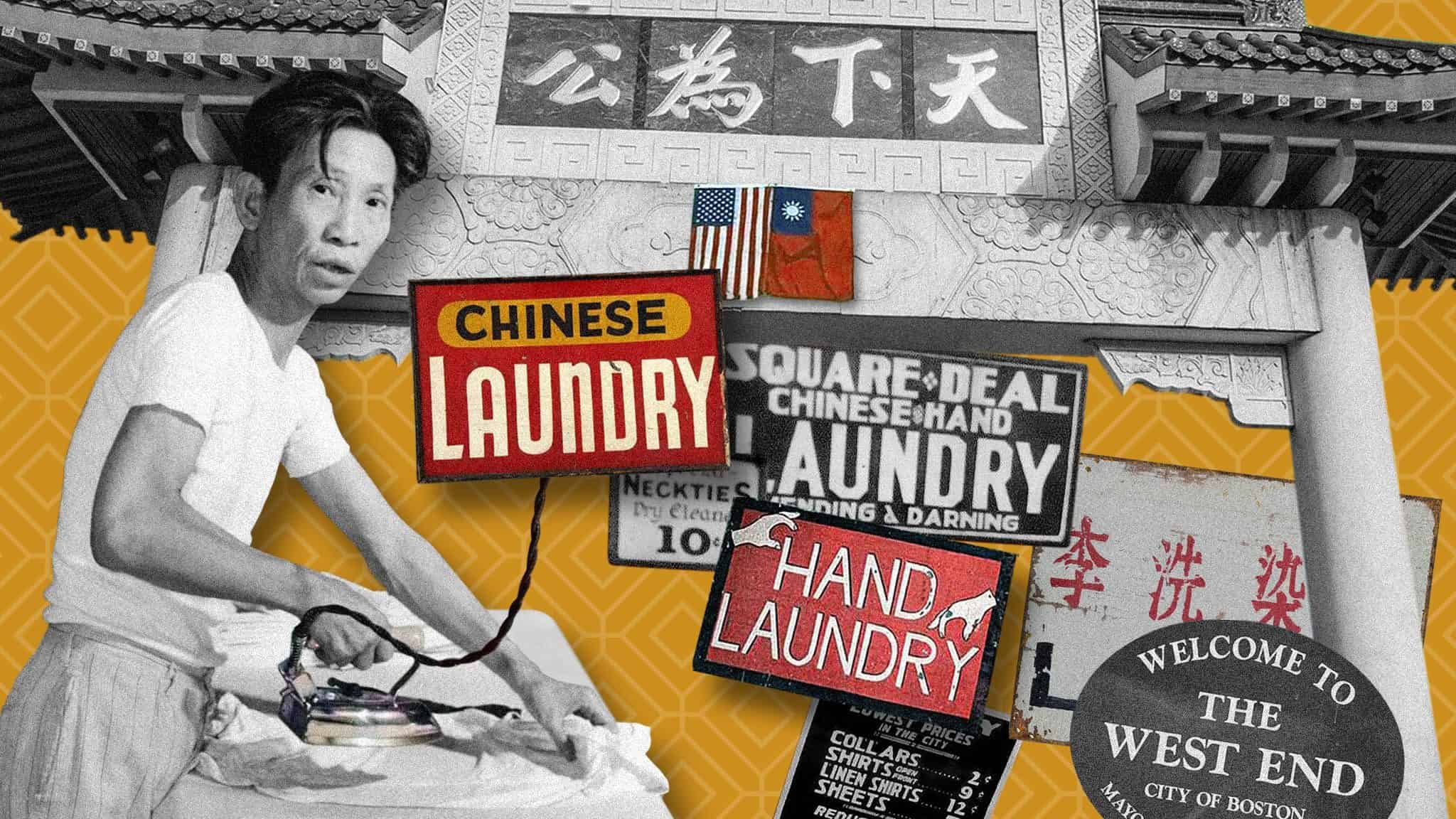 A collage of a Chinese man ironing clothes, and signs related to Chinese laundries