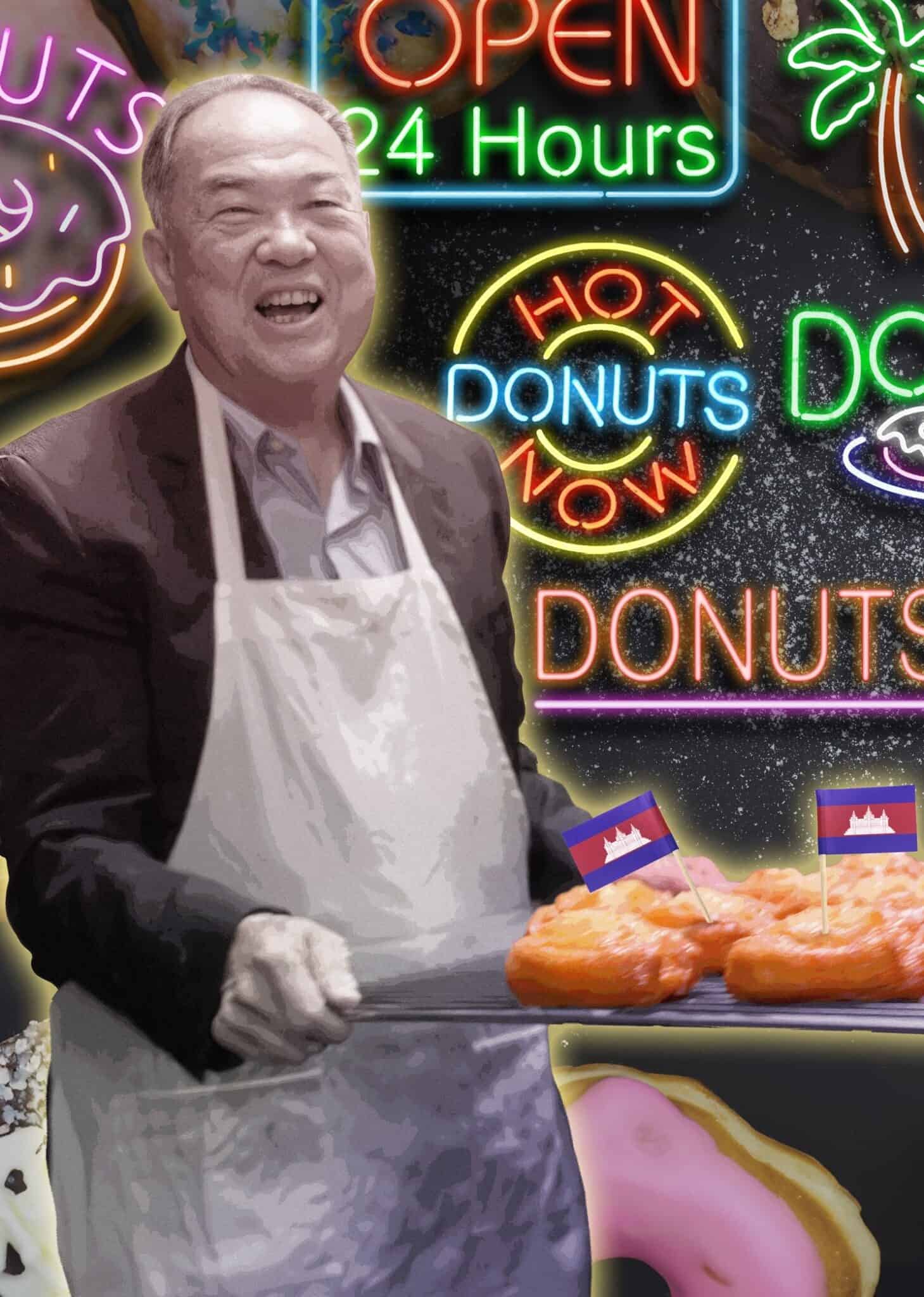A collage with an older Cambodian man in an apron holding a tray of doughnuts with Cambodian flags, with neon signs in the background.