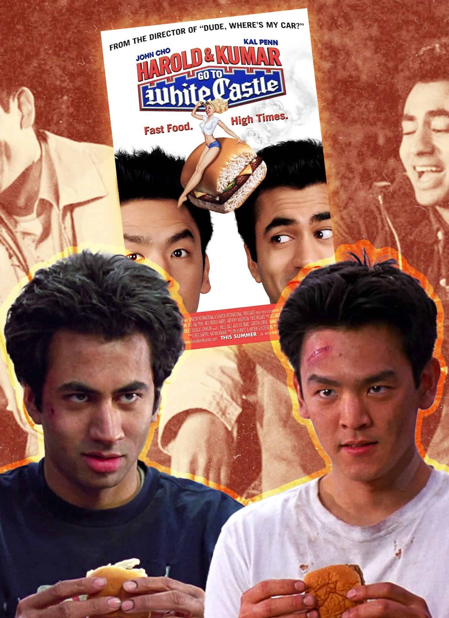 Photo collage of John Cho and Kal Penn as Harold and Kumar from the movie "Harold & Kumar Go to White Castle," with the film's poster on the side and a still of the movie in the background.