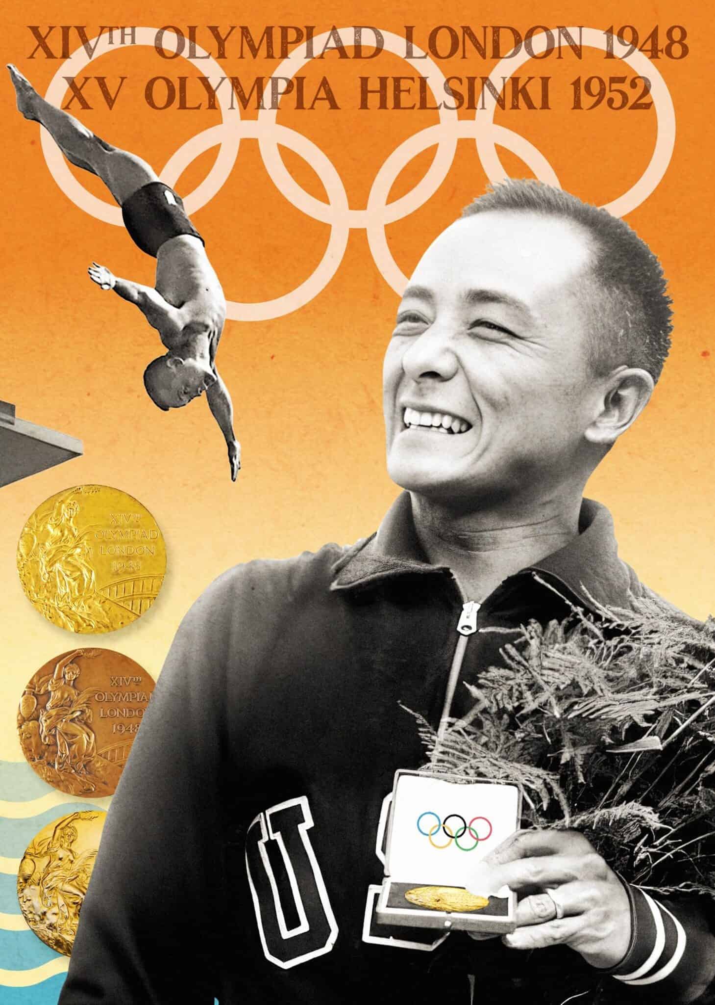 A collage featuring Olympic diver Sammy Lee, with gold and bronze medals in the background.