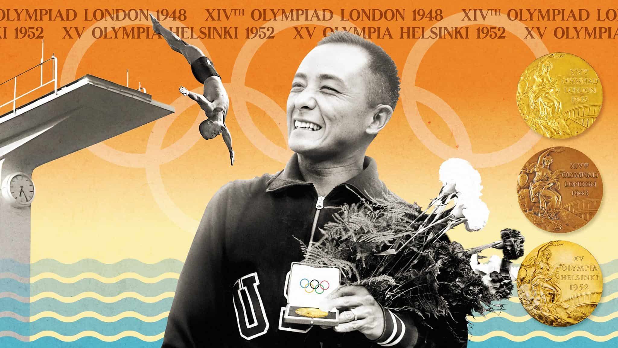 A collage featuring Olympic diver Sammy Lee, with gold and bronze medals in the background.