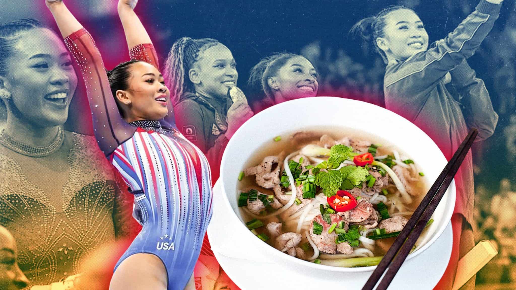 Photo collage featuring gymnast Suni Lee and a bowl of pho, with various pictures of Lee in the background as well.