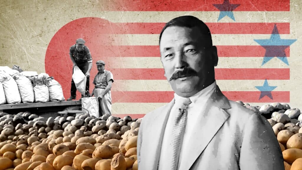 A collage of a Japanese man, potatoes and farm workers, with a blend of the Japanese and U.S. flags in the background.