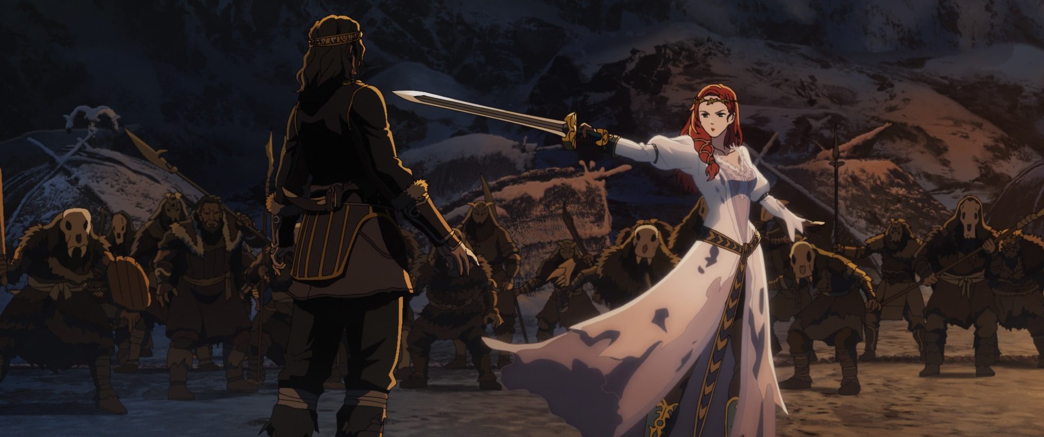 Héra brandishing a sword at Wulf in "The Lord of the Rings: The War of the Rohirrim."