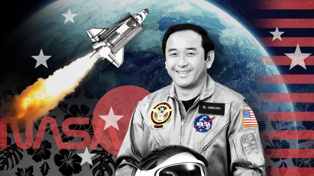 Ellison Onizuka sitting while holding his astronaut helmet, with a rocket ship blasting off and the American flag in the background.