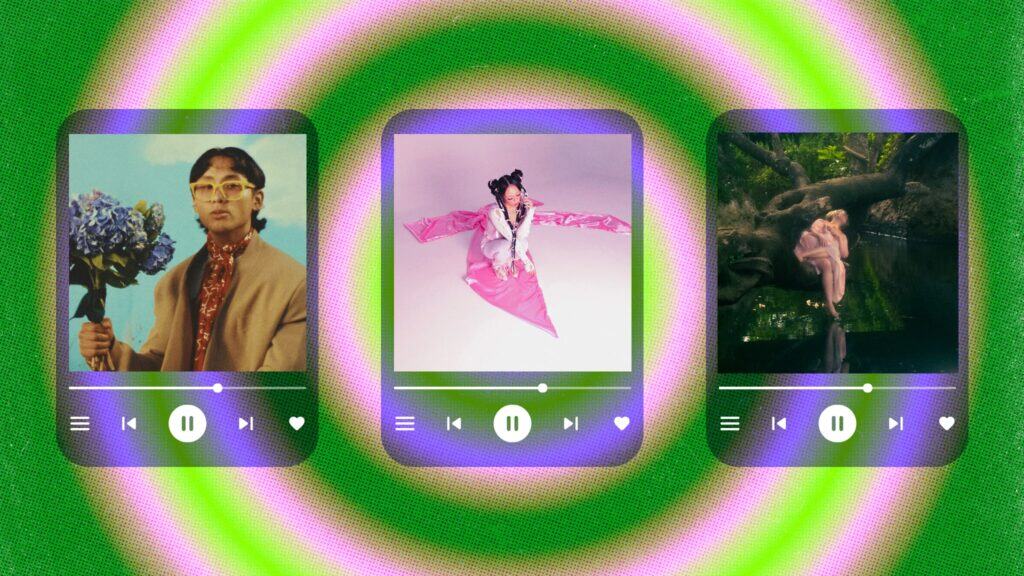 Music player UI showing the cover art for “Dandelion” by grentperez (with Ruel), “W1LL U L13” by SAILORR, and “Blondie” by Linying.