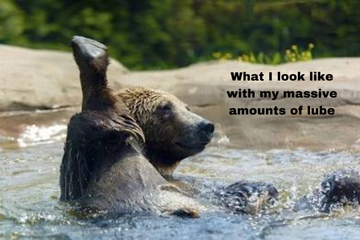 Bear in water with the text: "an accurate depiction of me and my massive amounts of lube"