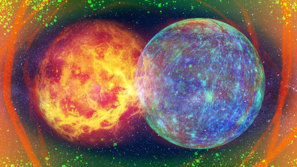 Photo illustration of Venus and Mercury on top of a starry background.