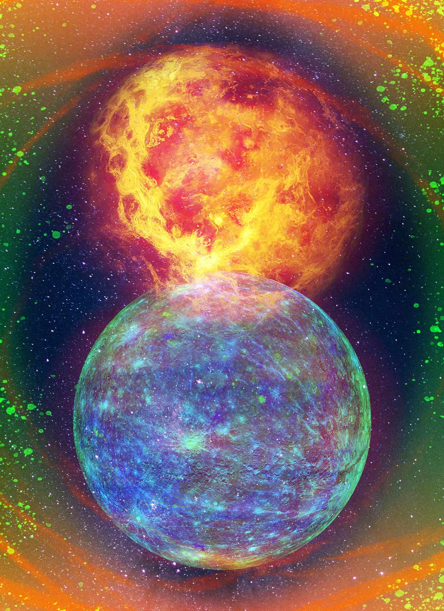 Photo illustration of Venus and Mercury on top of a starry background.