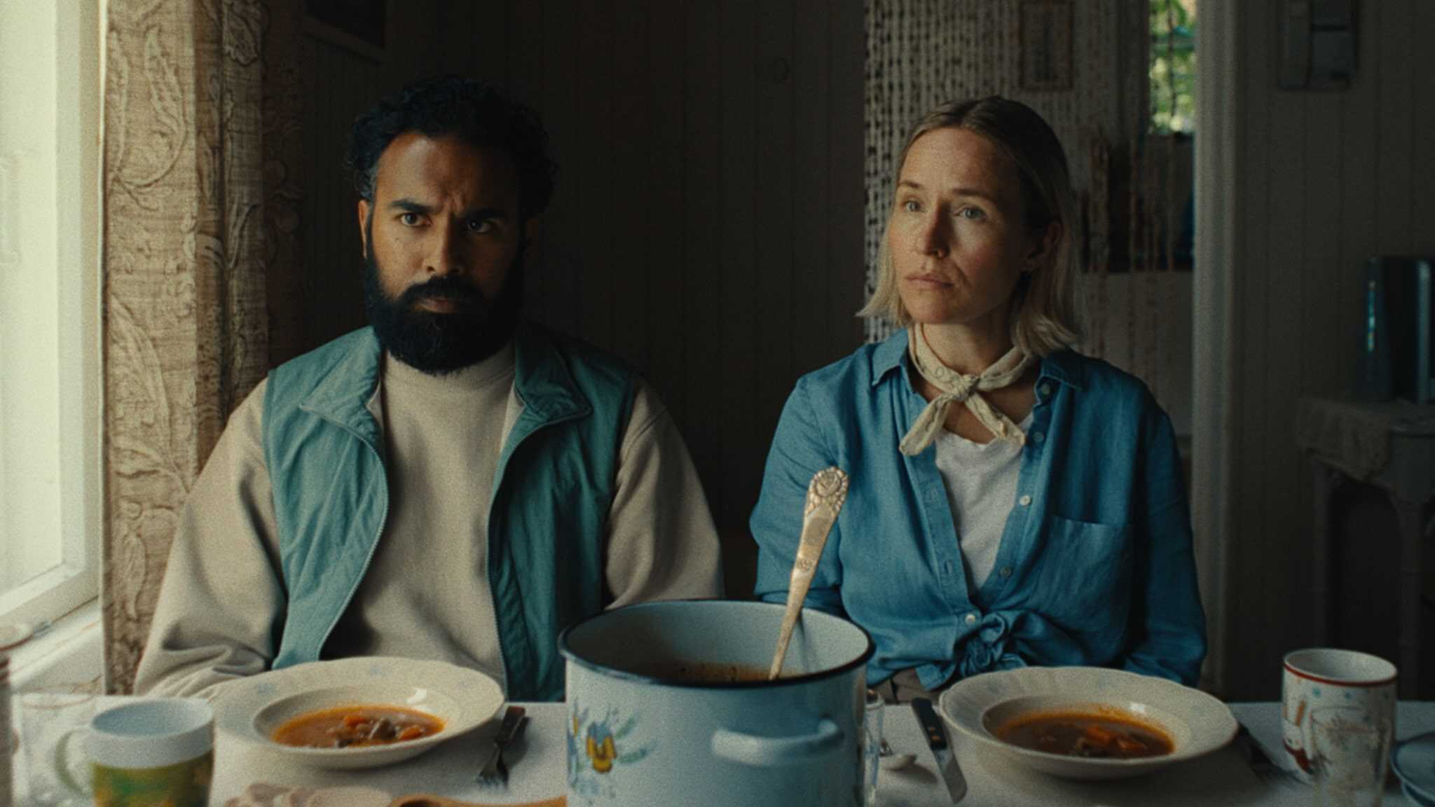 From left, Himesh Patel as Declan and Sarah Goldberg as Delores in "Bubble & Squeak."