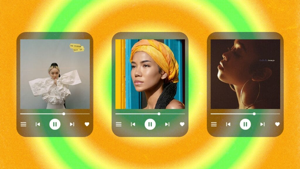 Music player UI showing the cover art for “Didn’t Break It Enough” by Griff, “LOVE” by Jhené Aiko, and “Damage” by H.E.R.