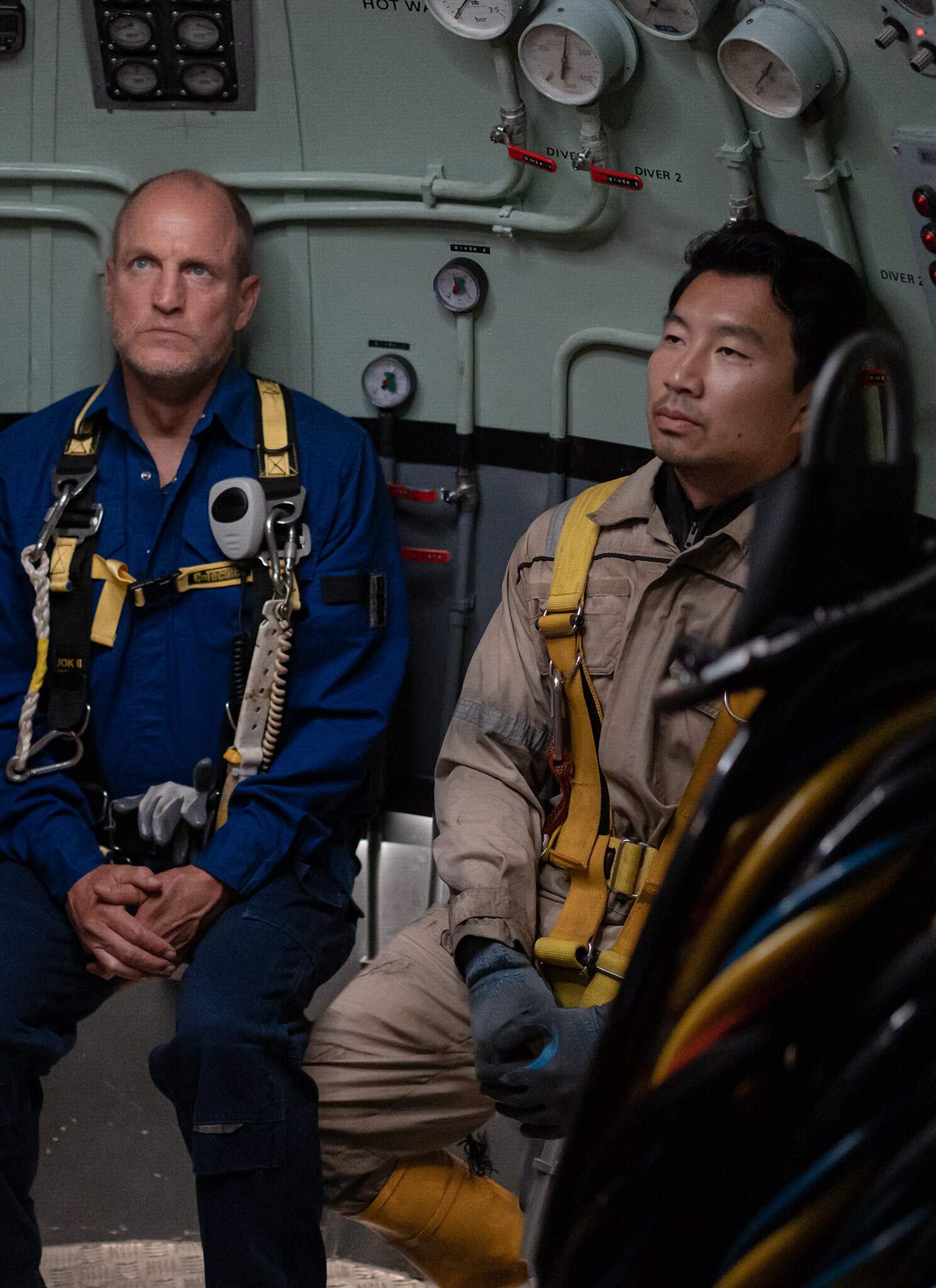 From left, Finn Cole as Chris Lemons, Woody Harrelson as Duncan Allcock and Simu Liu as Dave Yuasa in "Last Breath."