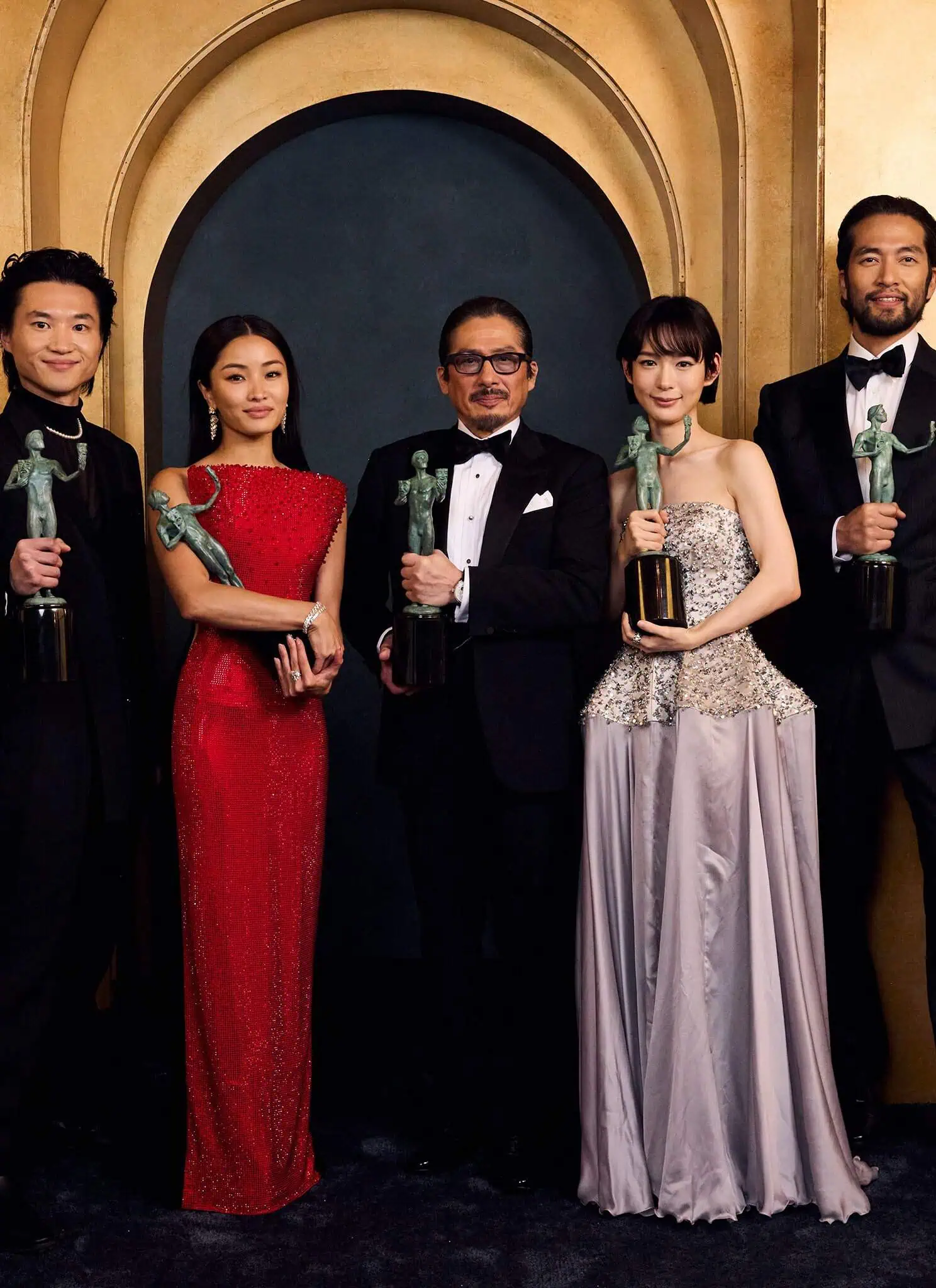 From left, Tommy Bastow, Hiroto Kanai, Anna Sawai, Hiroyuki Sanada, Moeka Hoshi, Shinnosuke Abe, and Tadanobu Asano.