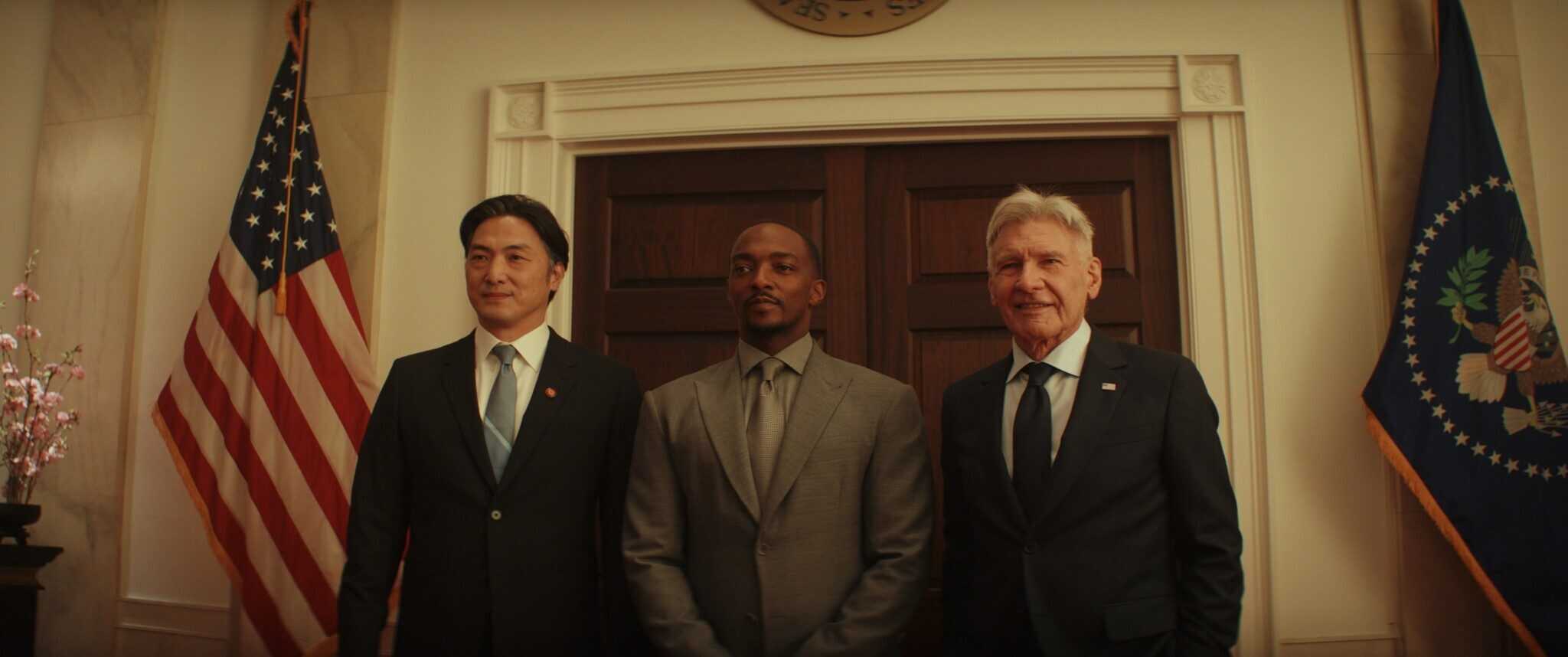 From left, Prime Minister Ozaki (Takehiro Hira), Captain America/Sam Wilson (Anthony Mackie), and President Thaddeus Ross (Harrison Ford).
