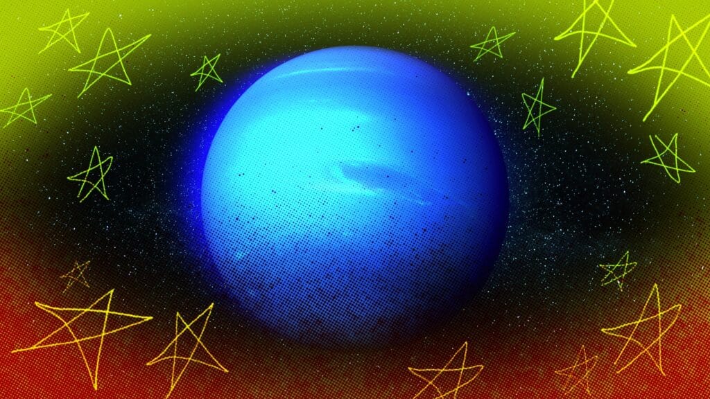Photo of Neptune surrounded by handwritten stars.