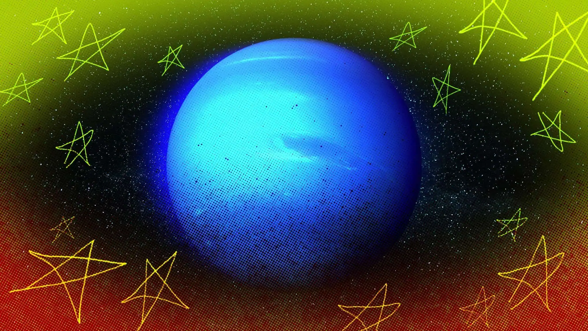 Photo of Neptune surrounded by handwritten stars.