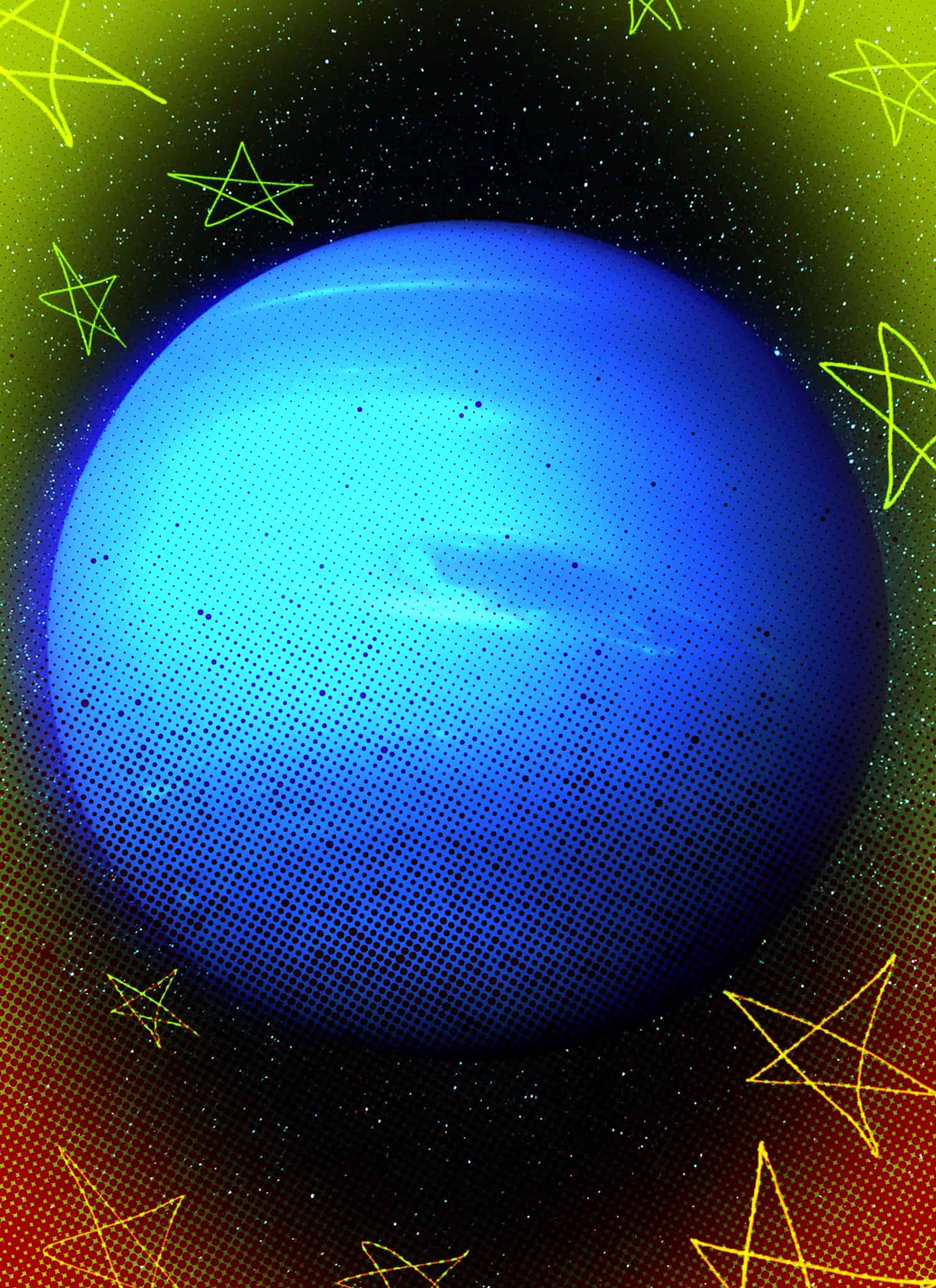 Photo of Neptune surrounded by handwritten stars.