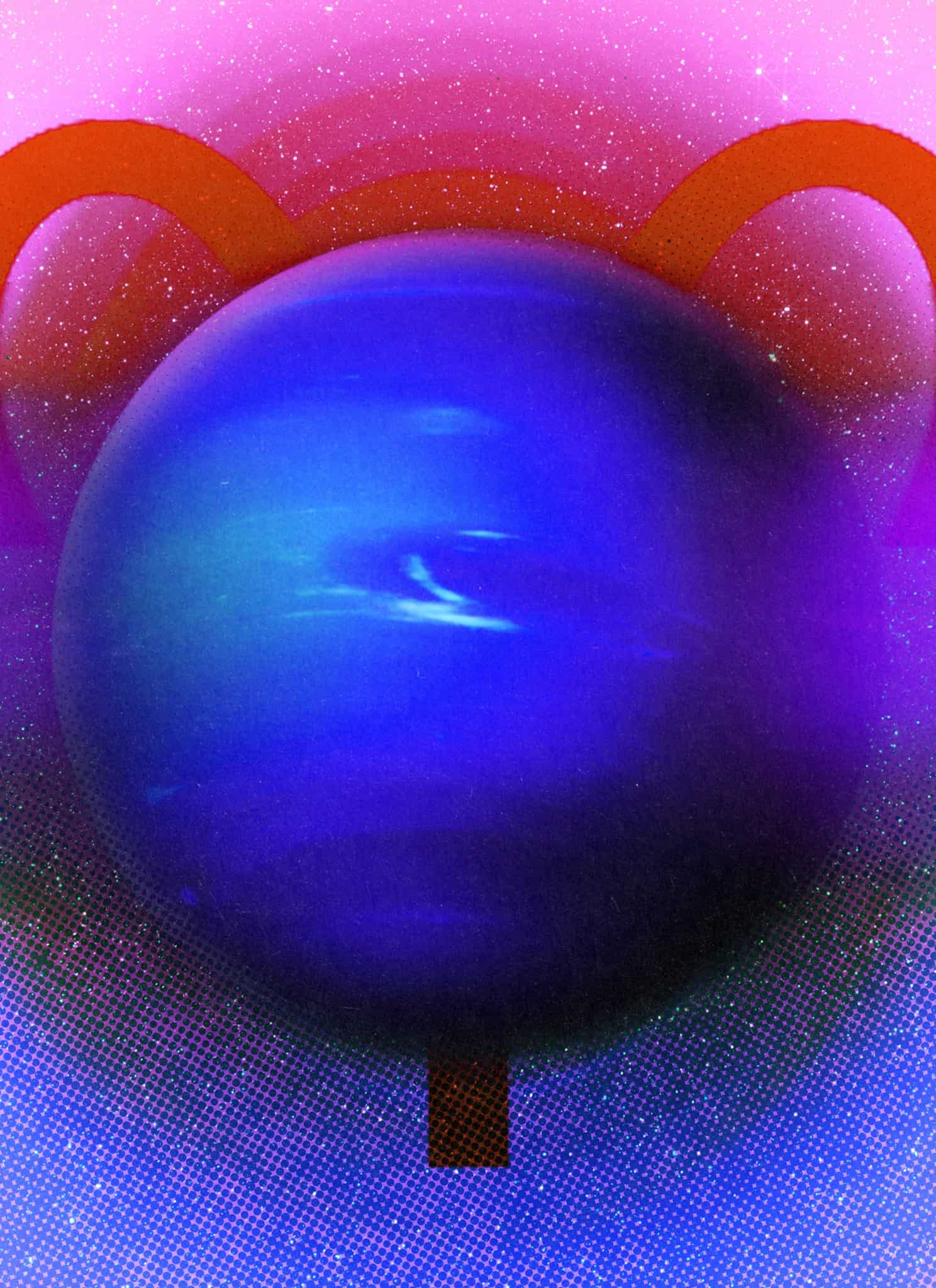 A digital illustration of a blue and purple planet with swirling clouds, set against a pink and green starry background. Two red curved lines form an Aries zodiac symbol above and behind the planet.