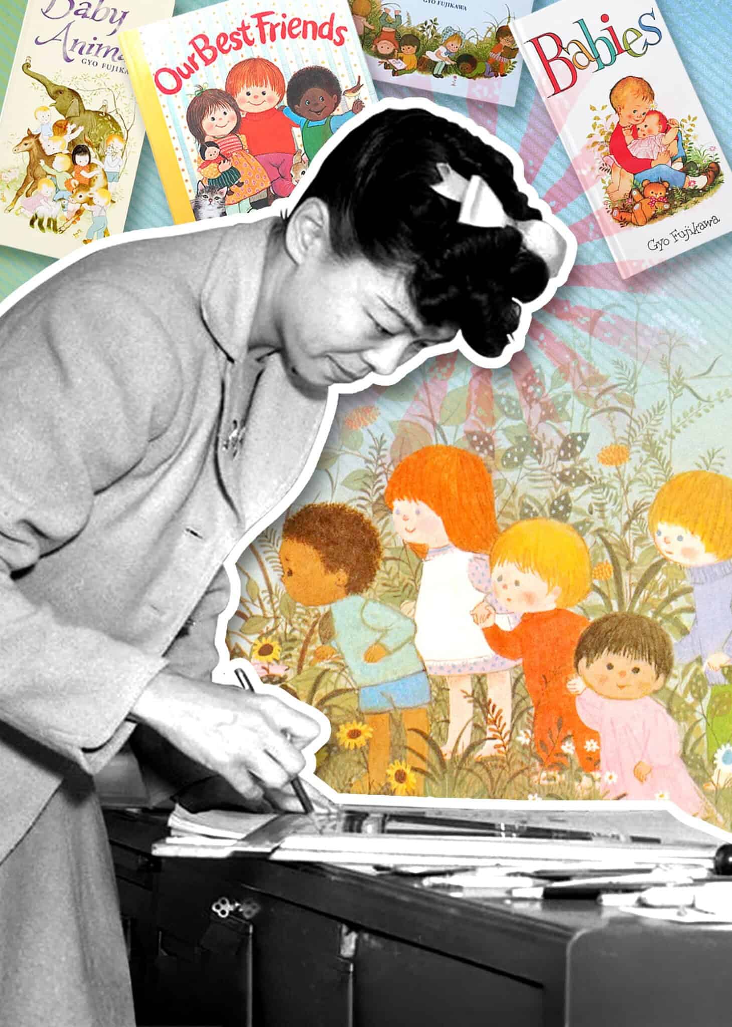 Gyo Fujikawa illustrating, with her books in the background.