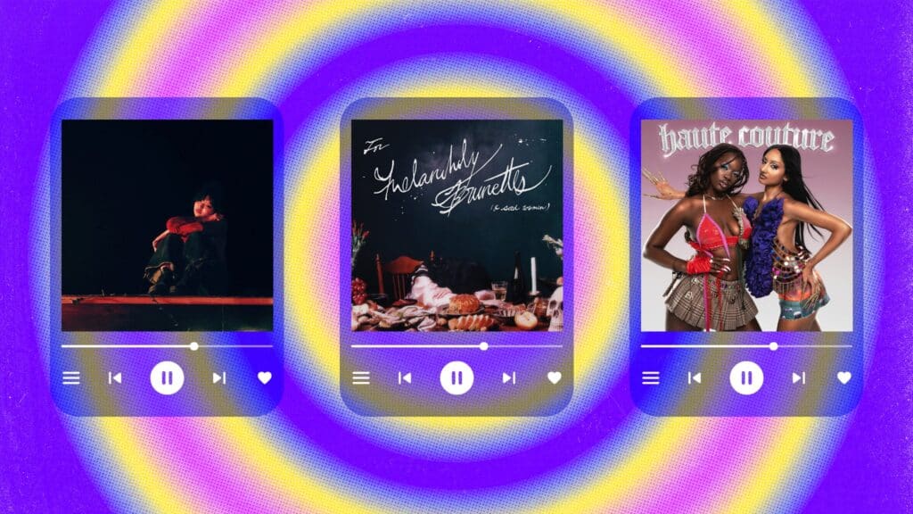 From left, cover art for “I’ll be happy when” by Lyn Lapid, “Orlando in Love” by Japanese Breakfast, and “Haute Couture” by Rhea Raj ft. Aliyah’s Interlude.