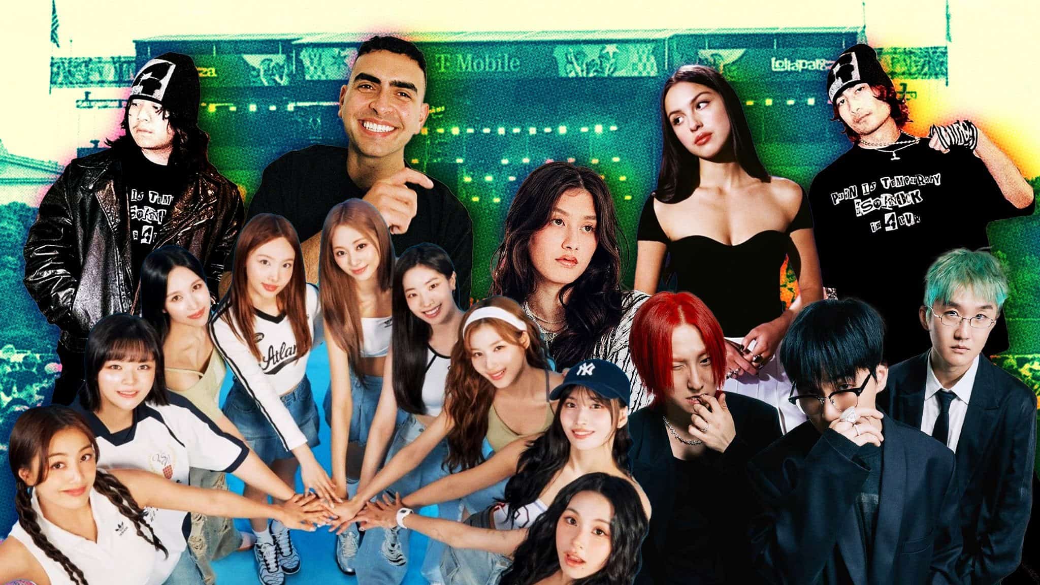 Clockwise from top left, Knock2, Sammy Virji, Jade LeMac, Olivia Rodrigo, ISOxo, Wave to Earth, and TWICE.
