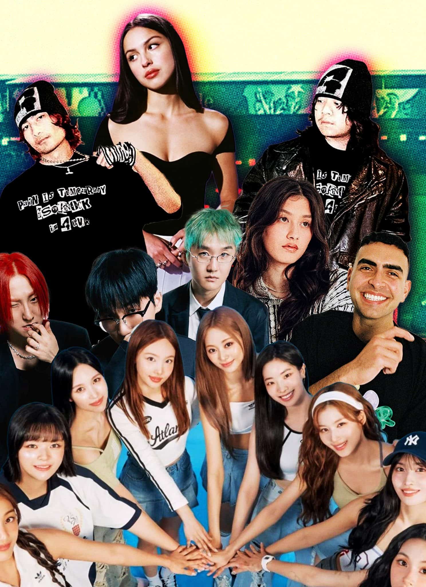 Clockwise from top left, Knock2, Sammy Virji, Jade LeMac, Olivia Rodrigo, ISOxo, Wave to Earth, and TWICE.