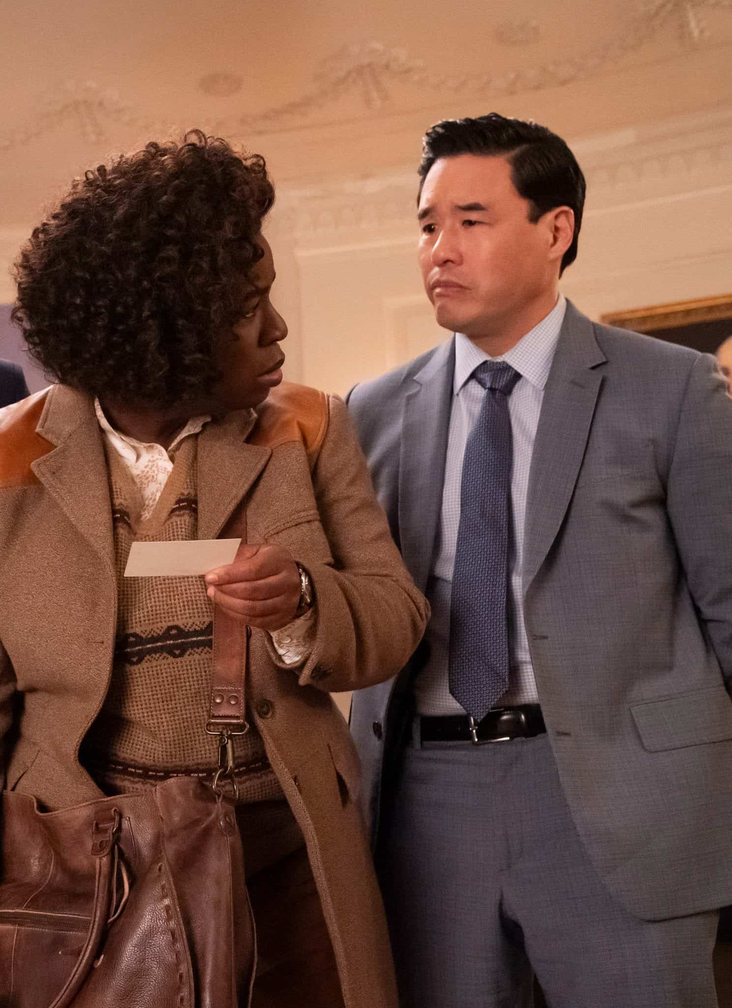 From left, Dan Perrault as Colin Trask, Anna Rajo as Agent Anna Rausch, Uzo Aduba as Cordelia Cupp, Randall Park as Edwin Park in "The Residence."