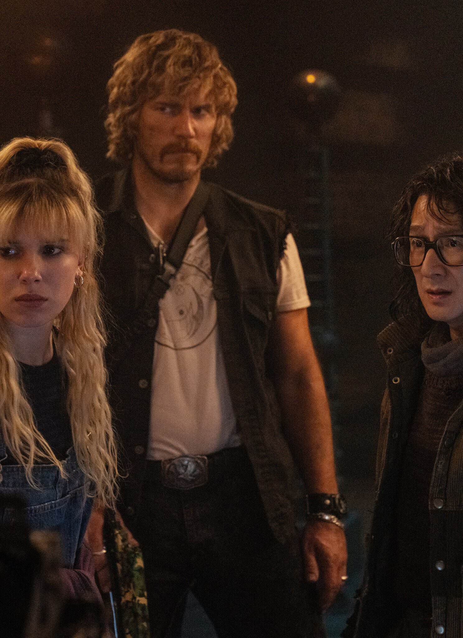 From left, Millie Bobby Brown, Chris Pratt, and Ke Huy Quan in "The Electric State."