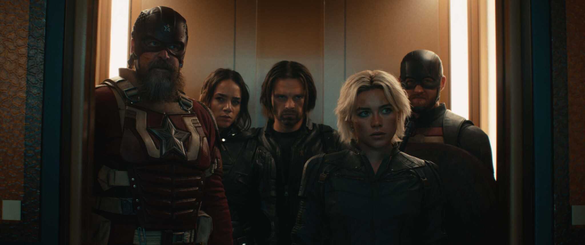 Alexei Shostakov/Red Guardian (David Harbour), Ghost (Hannah John-Kamen), Bucky Barnes (Sebastian Stan), Yelena Belova (Florence Pugh), and John Walker (Wyatt Russell) in "Thunderbolts."