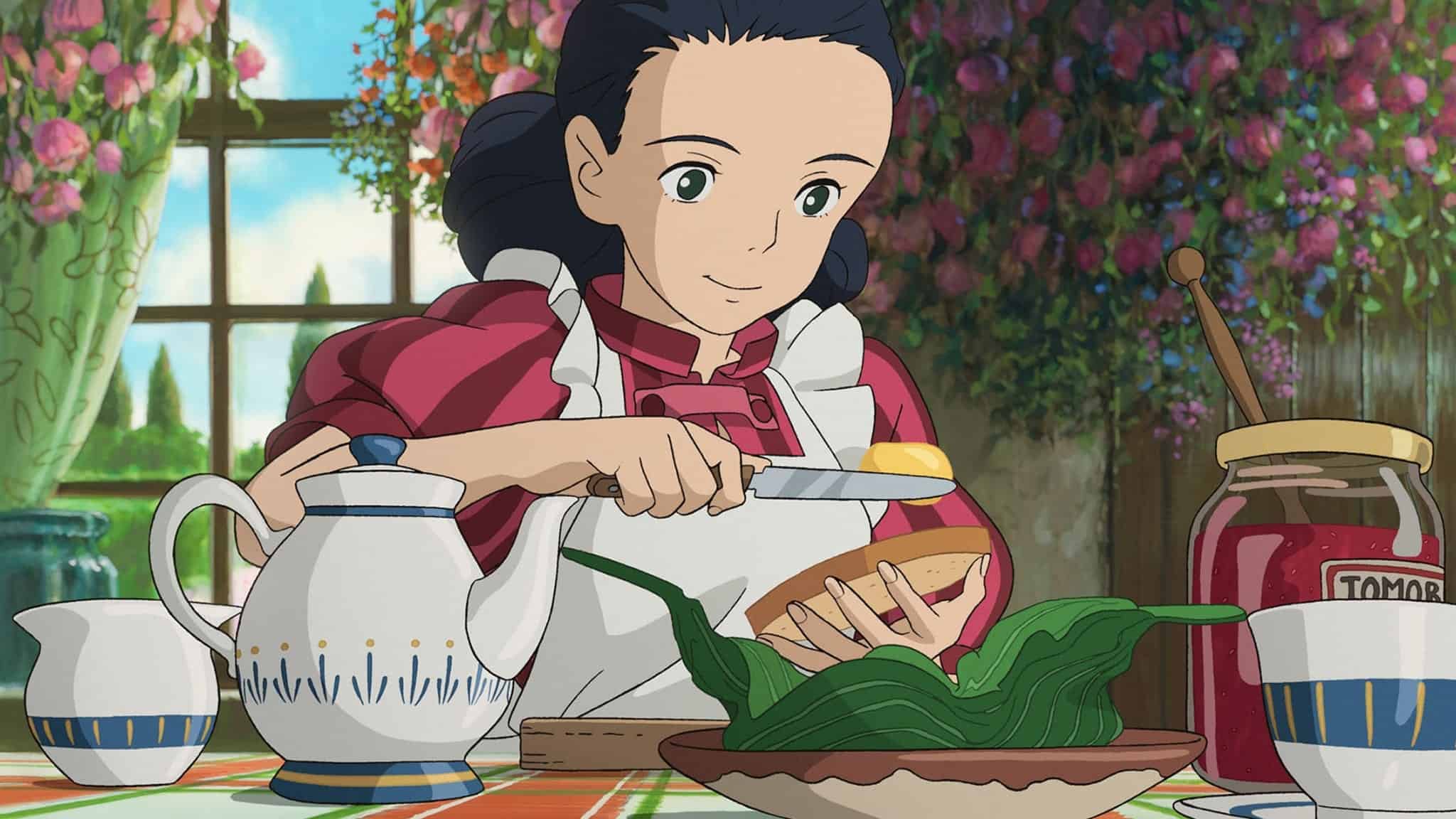 Still from "The Boy and the Heron"; A woman spreads butter on bread.