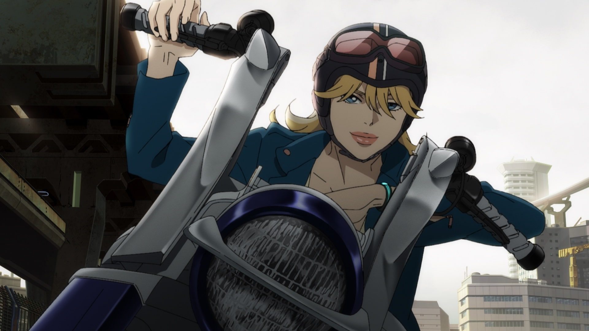 Still from "Lazarus"; a woman rides a motorcycle.
