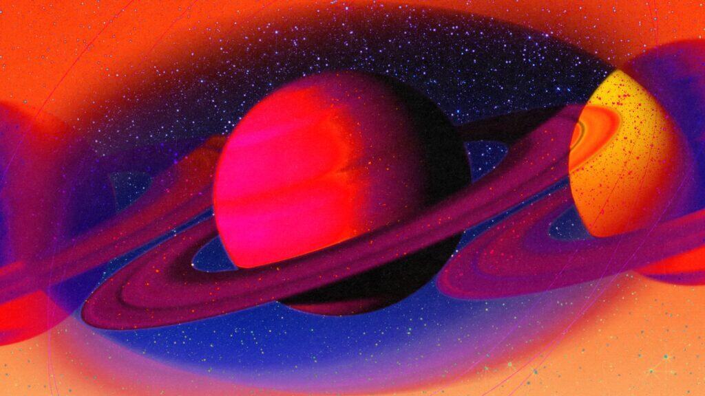 Photo illustration of the planet Saturn on top of a starry background with a gradient ellipse around it.