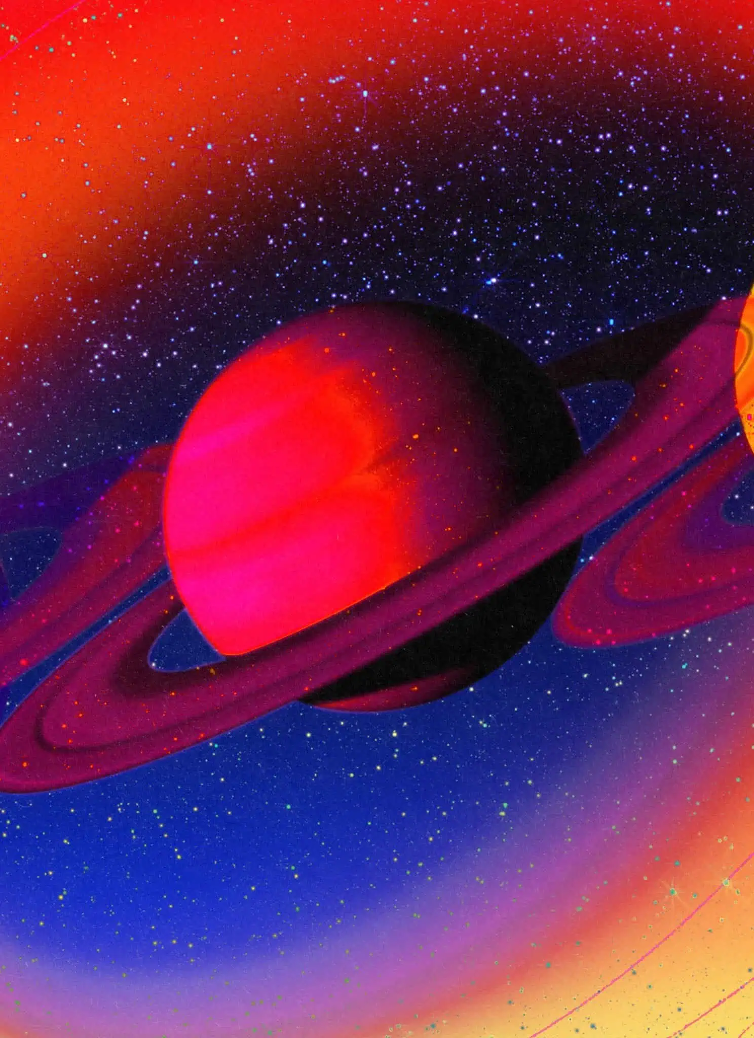 Photo illustration of the planet Saturn on top of a starry background with a gradient ellipse around it.
