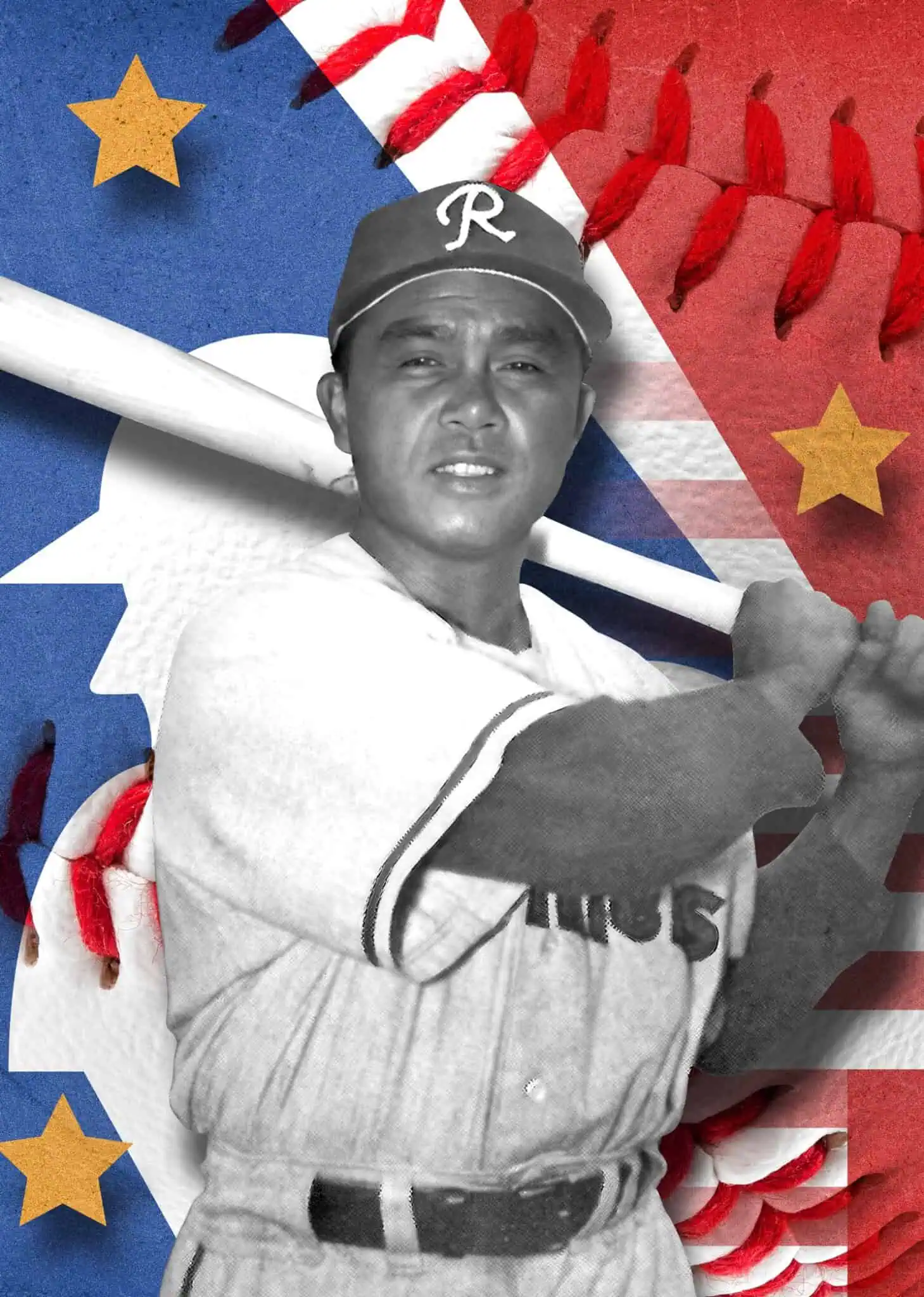 Bobby Balcena holding a baseball bat in front of a blue and red background with baseballs.
