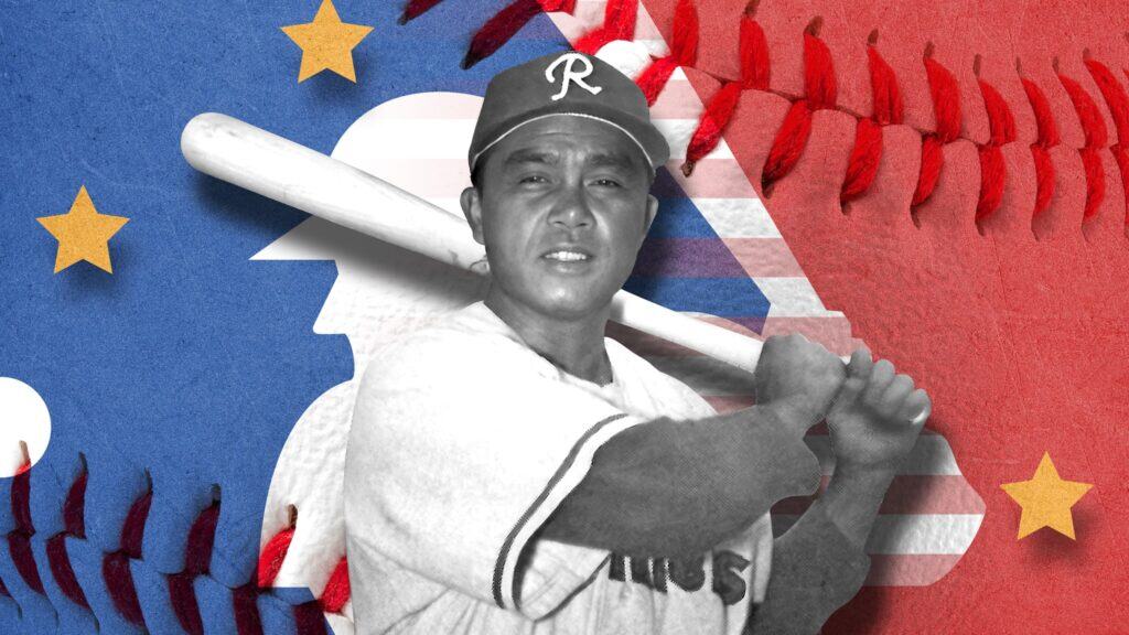 Bobby Balcena holding a baseball bat in front of a blue and red background with baseballs.